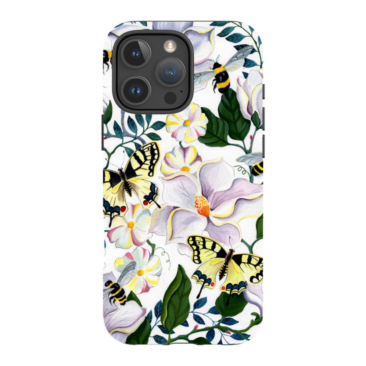 iPhone tough case featuring a white background with yellow butterflies, bees, and white magnolia flowers.