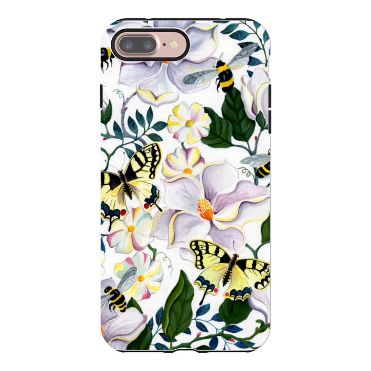 Dual-layer iPhone tough case featuring a white background with colorful magnolia flowers, bees, and yellow butterflies.