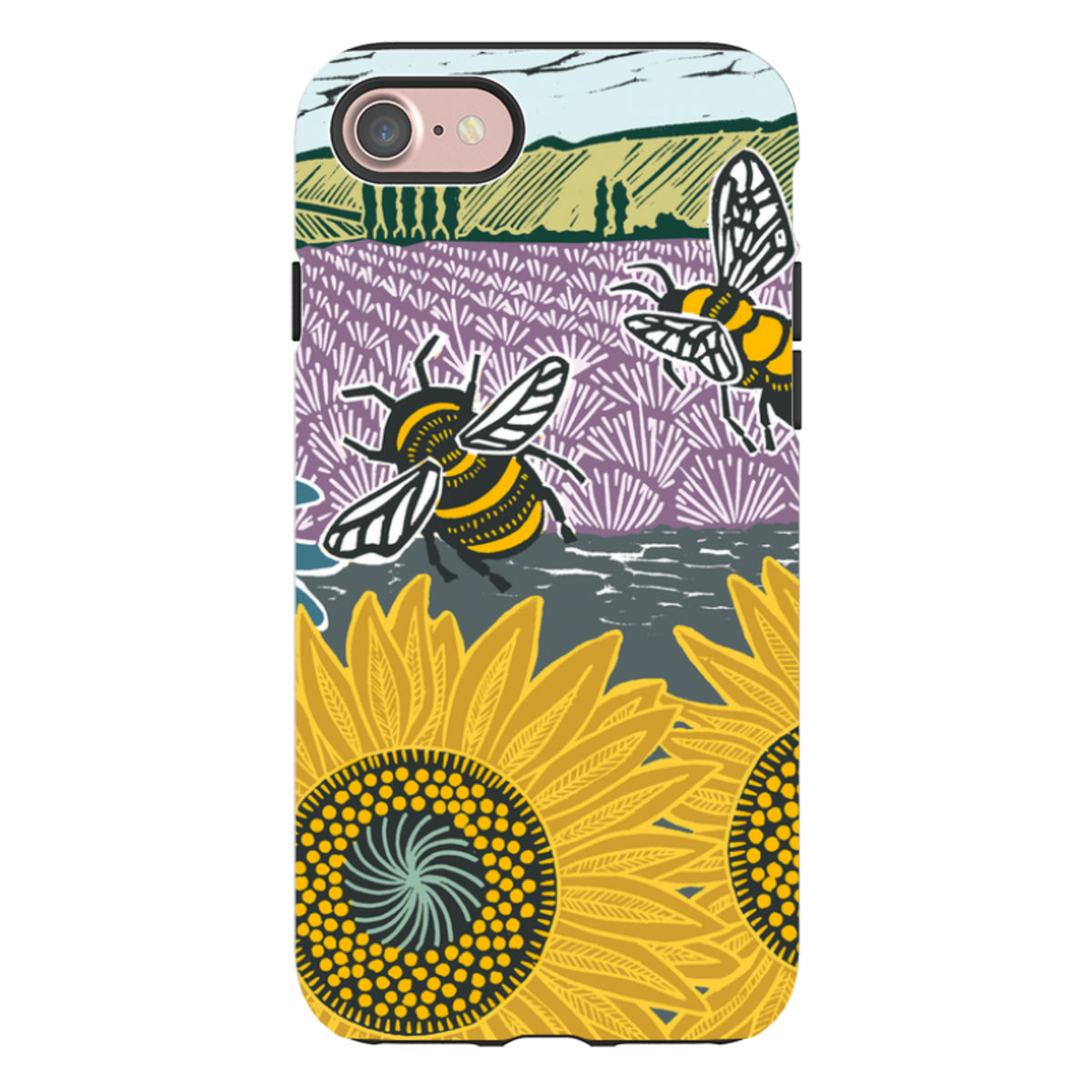 Dual-layer iPhone tough case featuring Kate Heiss artwork of yellow bees and sunflowers in a vibrant, artistic style.