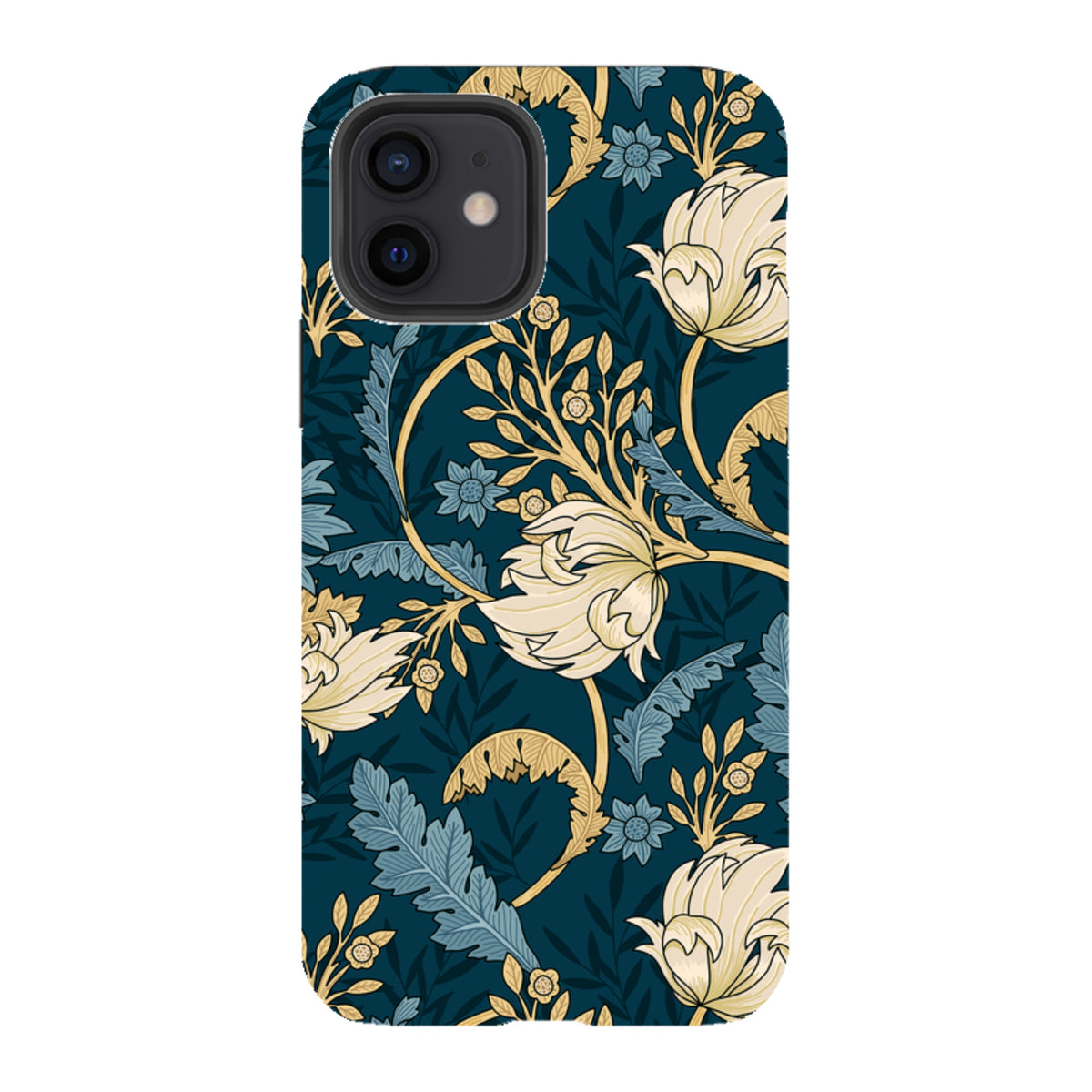 Beeston tough iPhone case with a dark teal background and cream and blue floral botanical art print.