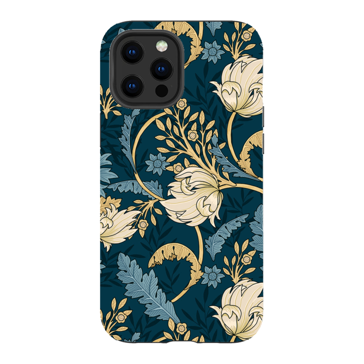 iPhone Tough Case in Beeston floral print with cream flowers and blue foliage on a dark teal background.