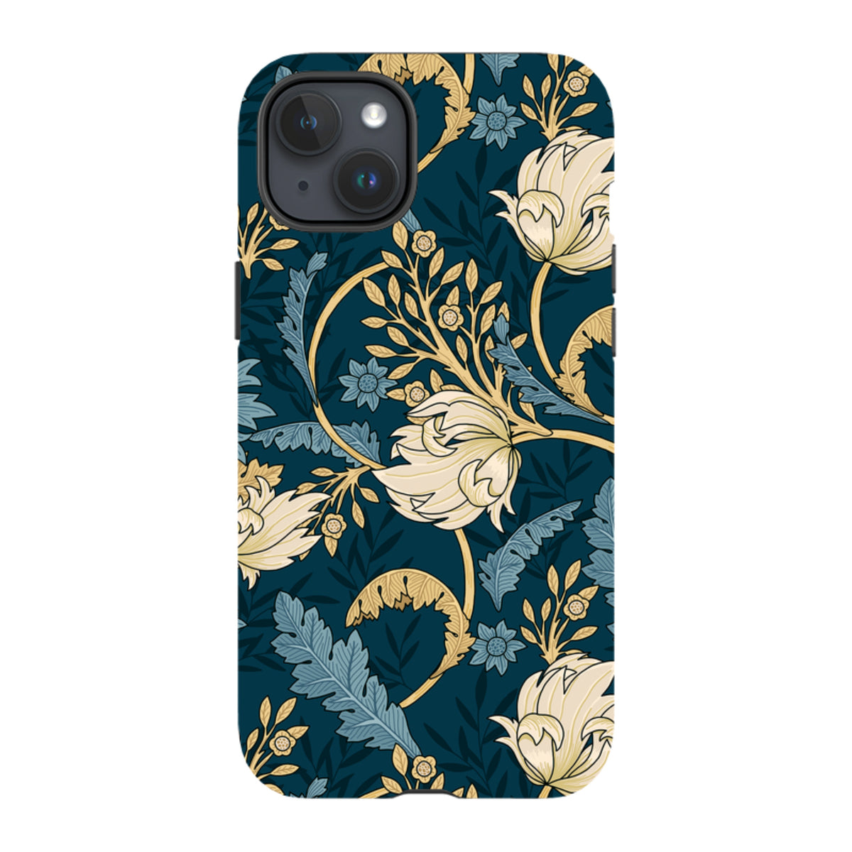 iPhone Tough Case in Beeston design featuring a dark blue floral pattern with cream and light blue botanical motifs.
