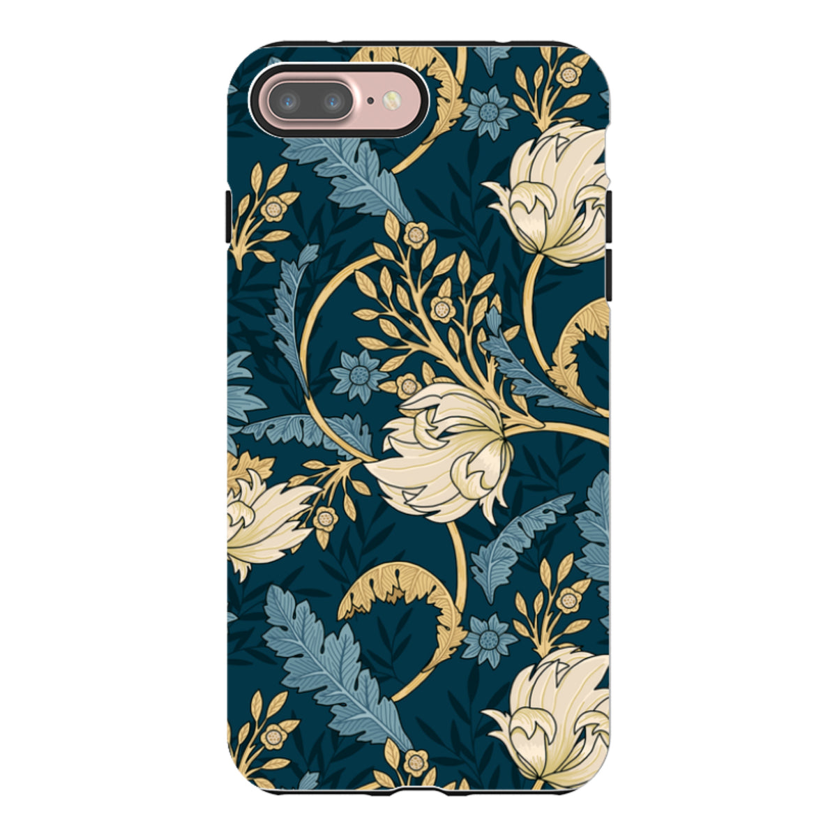 Beeston dual-layer iPhone case featuring a dark teal floral pattern with cream flowers and blue foliage.