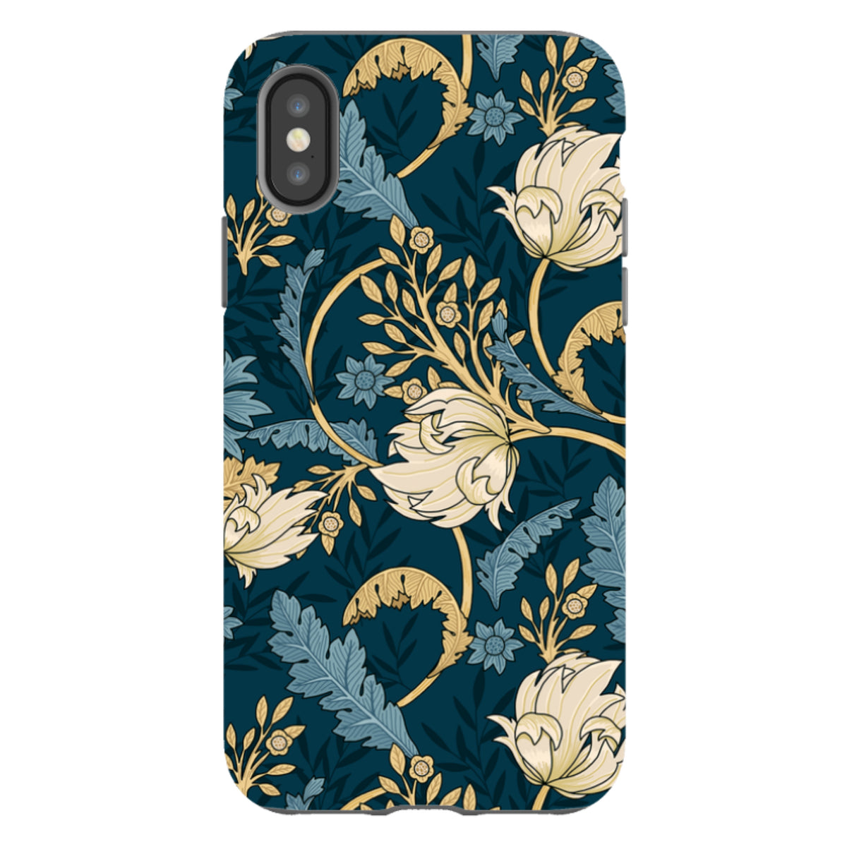 iPhone Tough Case featuring a dark blue floral pattern with cream flowers and sage green leaves in a vintage art style.