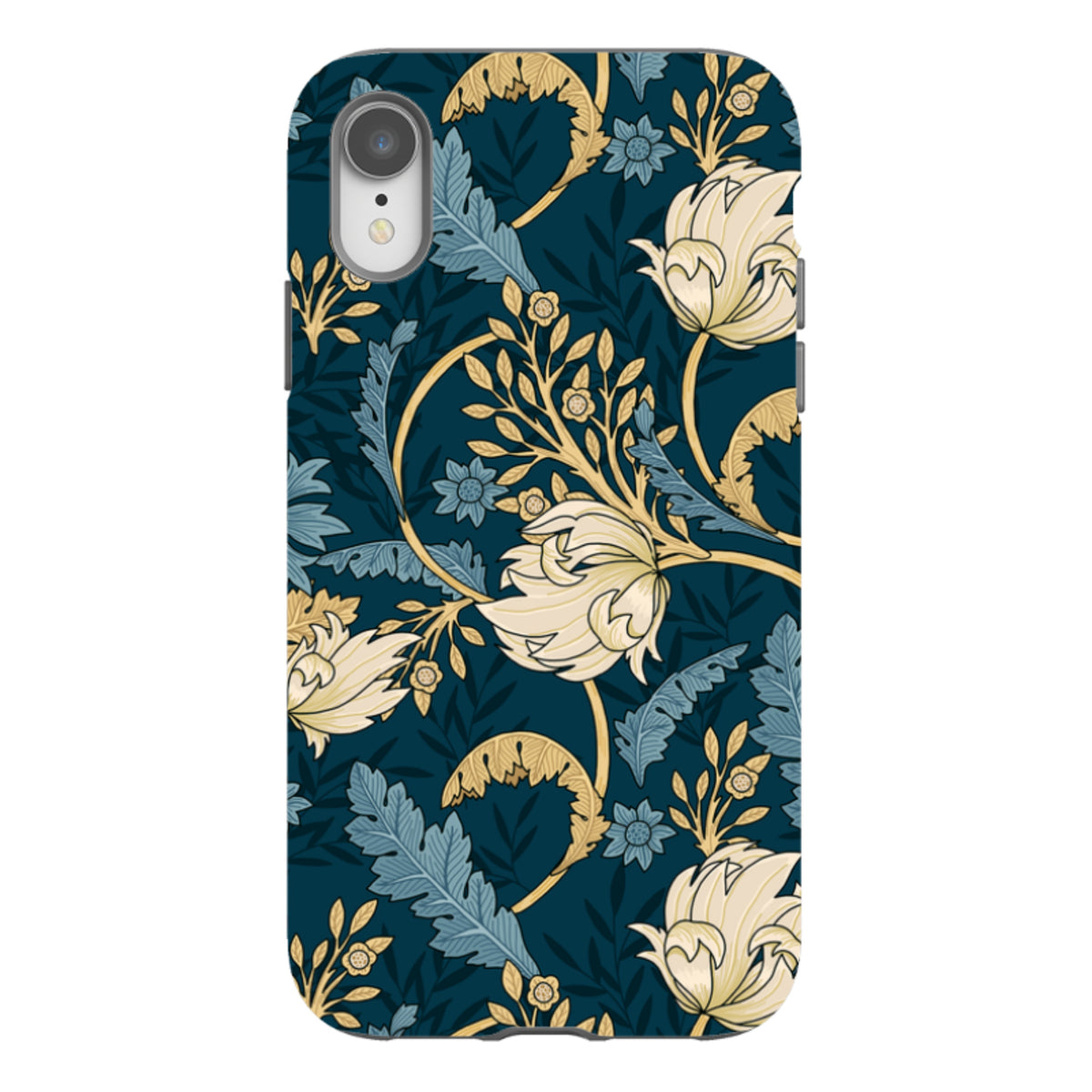 iPhone Tough Case in Beeston design featuring a dark blue floral pattern with cream and light blue botanical motifs.