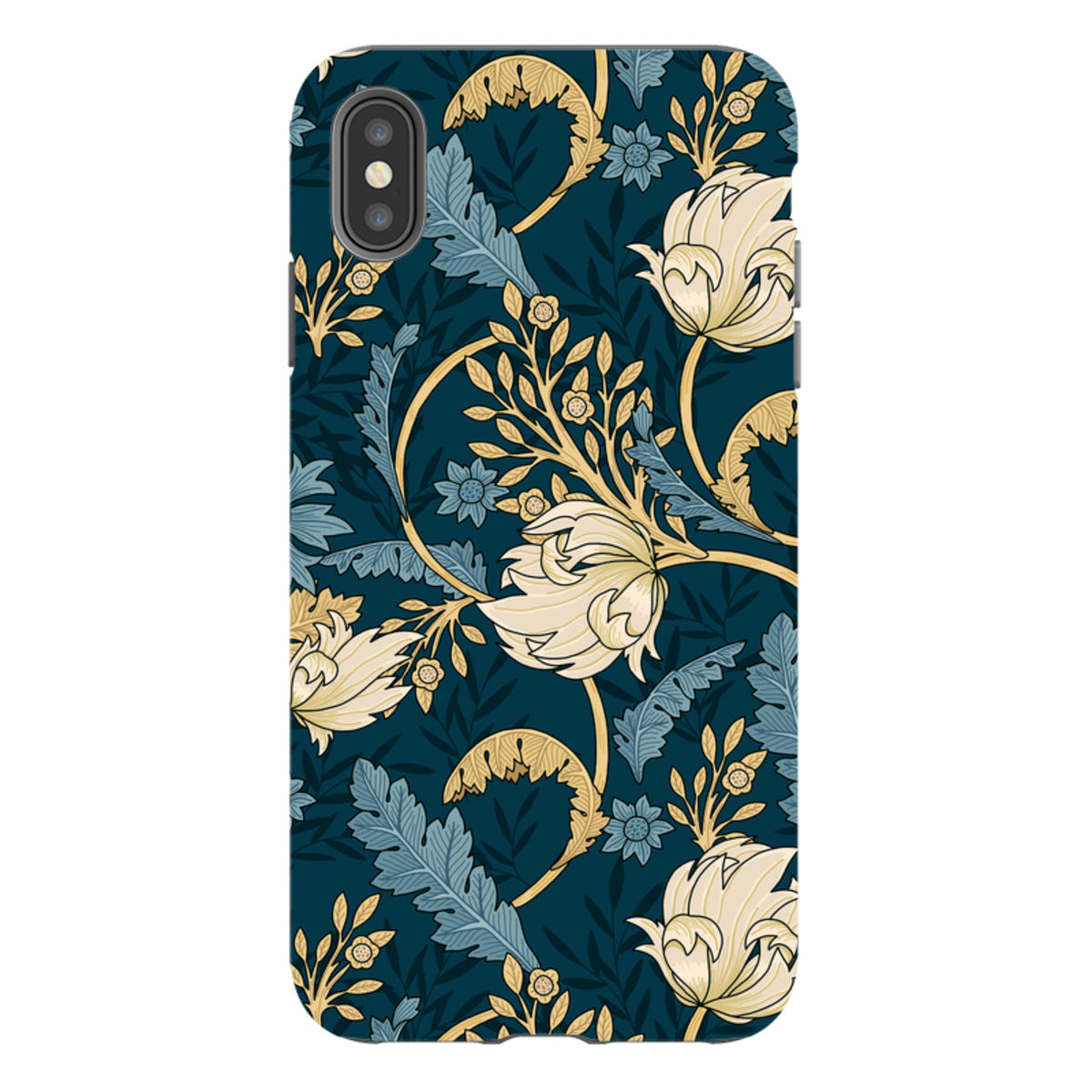 iPhone Tough Case in Beeston design featuring a dark teal floral pattern with cream and blue botanical illustrations.
