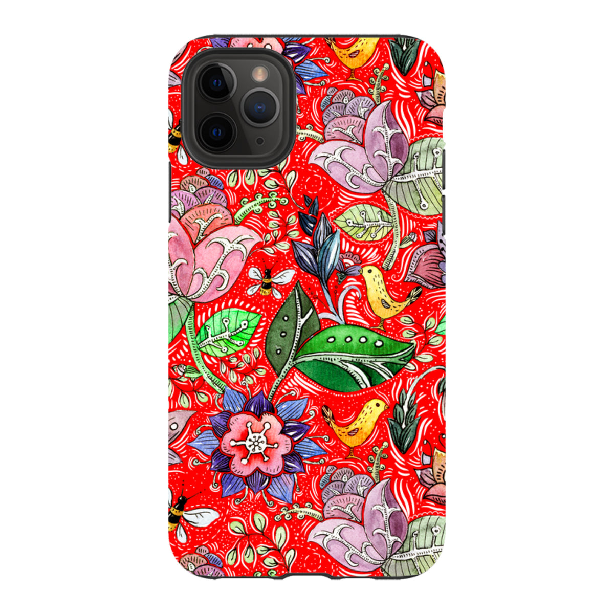 iPhone Tough Case featuring a vibrant red background with colorful floral, bird, and bee watercolor illustrations.