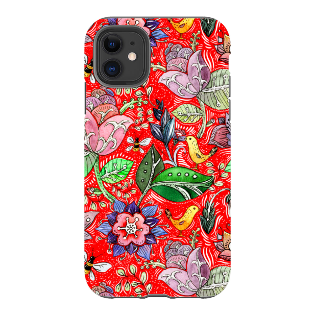 iPhone Tough Case featuring a vibrant red background with colorful watercolor-style flowers, birds, and bees.