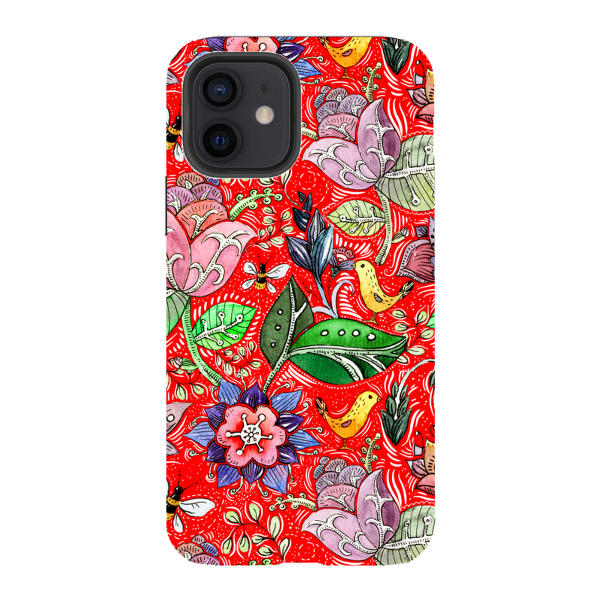 iPhone tough case with a vibrant red floral and bird pattern featuring high-definition, dual-layer protective construction.