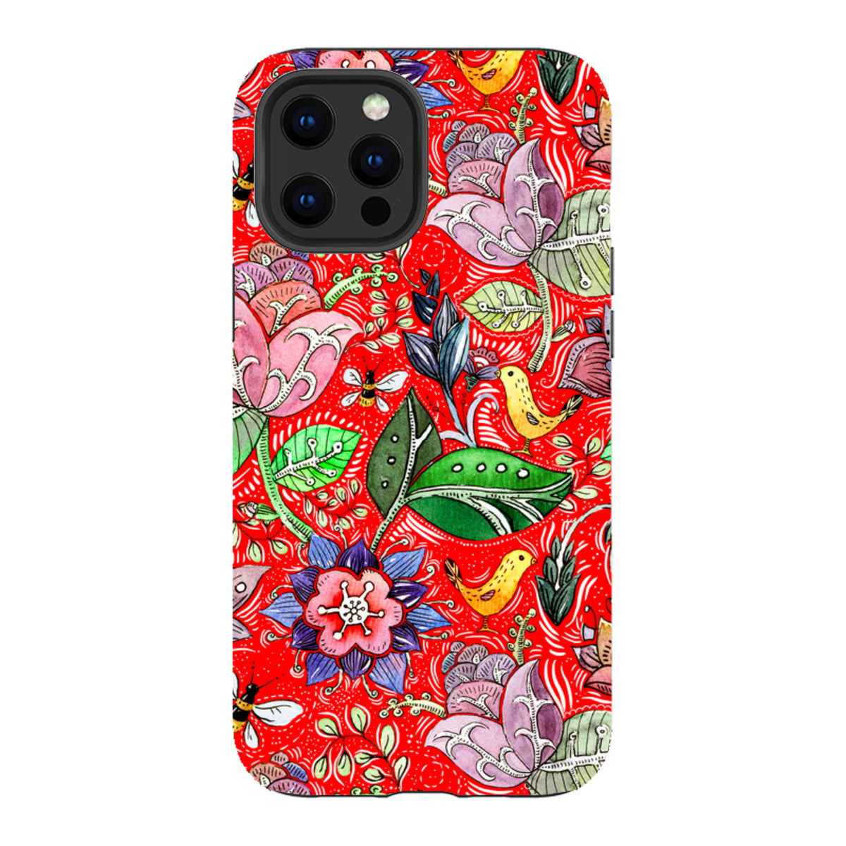iPhone Tough Case featuring a vibrant red background with colorful floral, bird, and bee illustrations in a folk-art style.