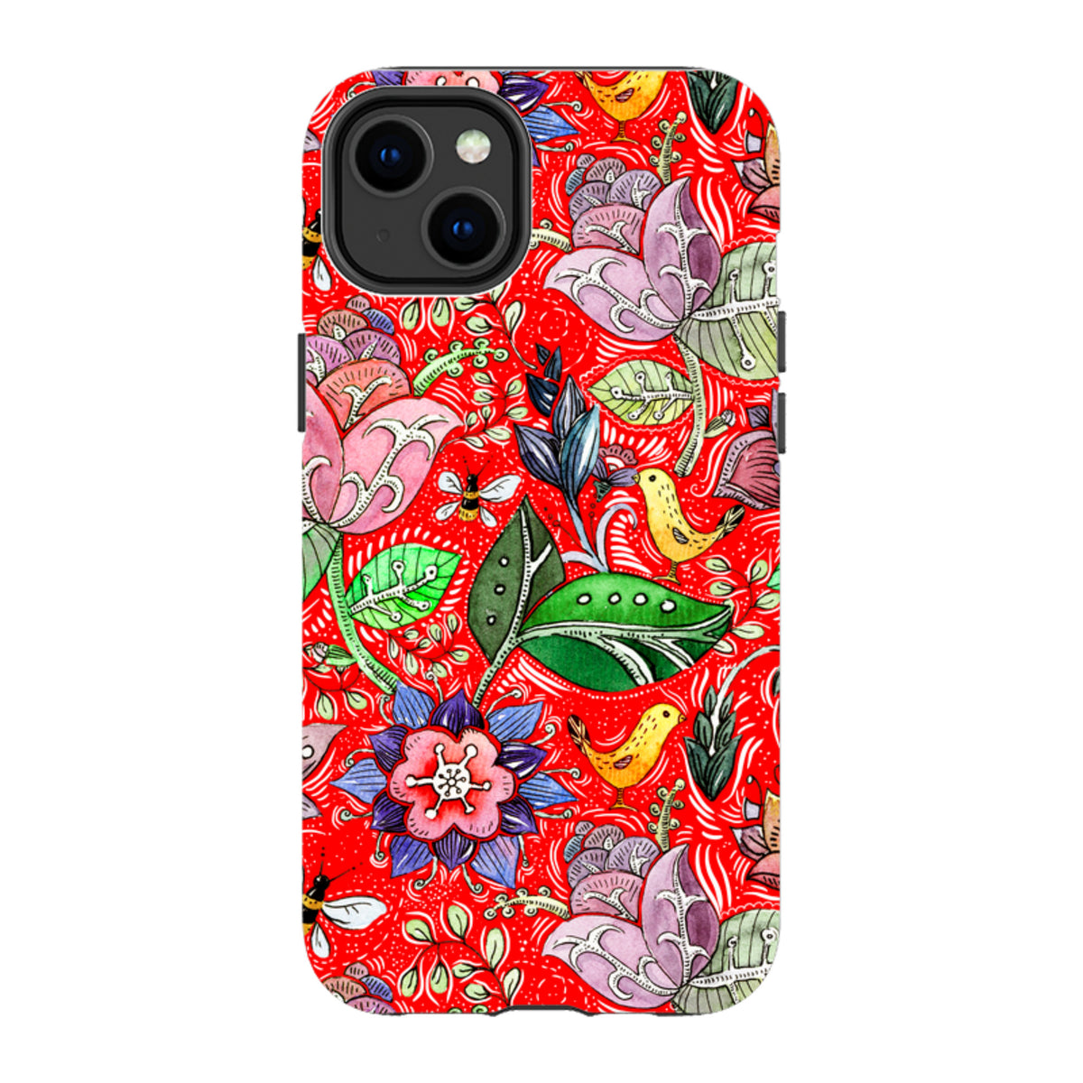 iPhone tough case with a vibrant red background featuring colorful floral, bird, and bee illustrations in a folk art style.