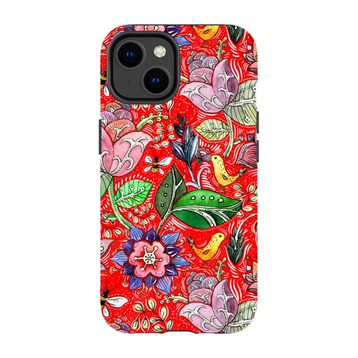 iPhone Tough Case featuring a vibrant red background with colorful floral, bird, and bee illustrations in a dual-layer design.