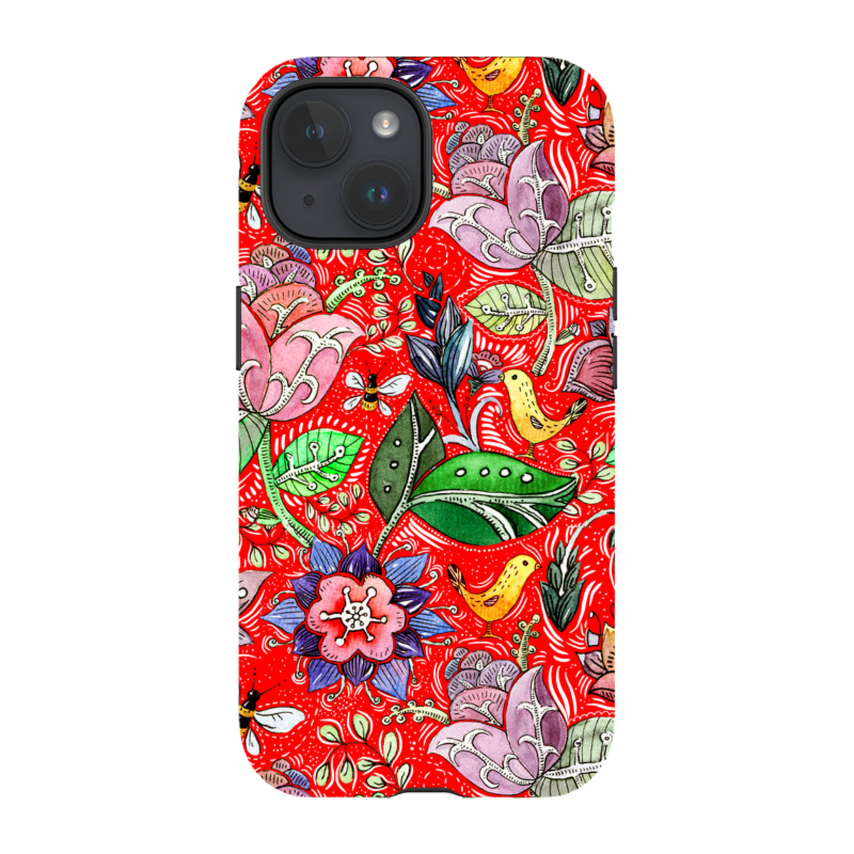 iPhone Tough Case featuring a vibrant red background with colorful floral, bird, and bee illustrations.