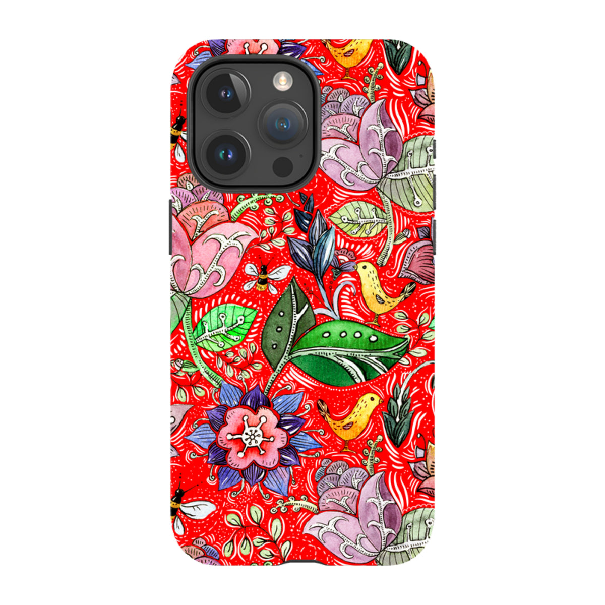 iPhone Tough Case featuring a vibrant red background with colorful floral, bird, and insect illustrations.
