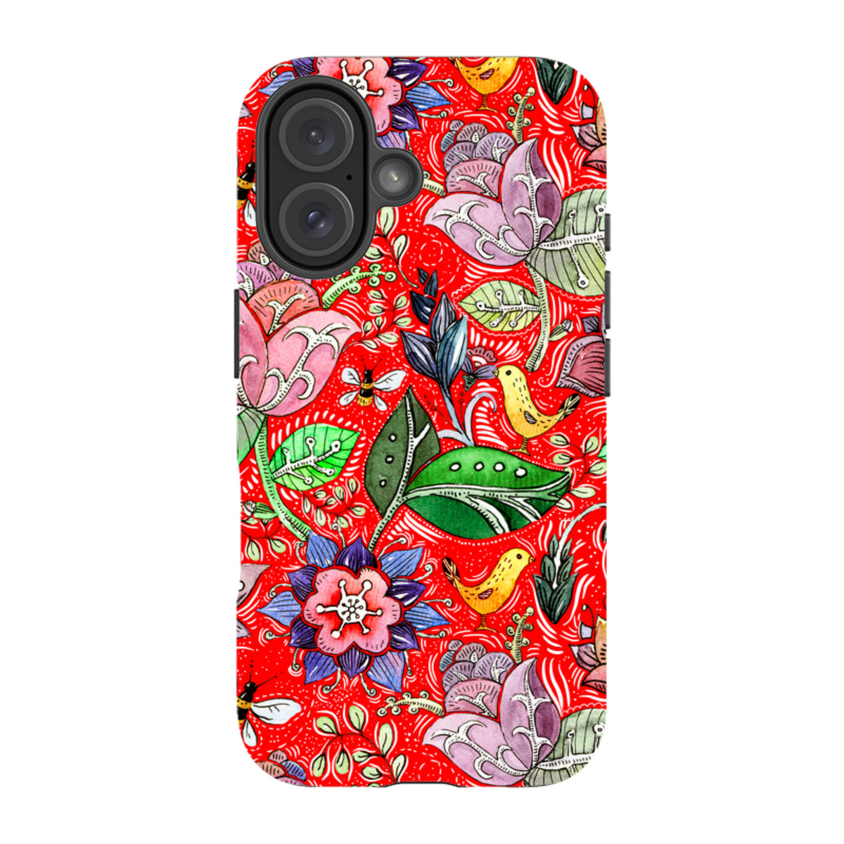 iPhone Tough Case with vibrant red background, colorful floral patterns, and whimsical bird illustrations.