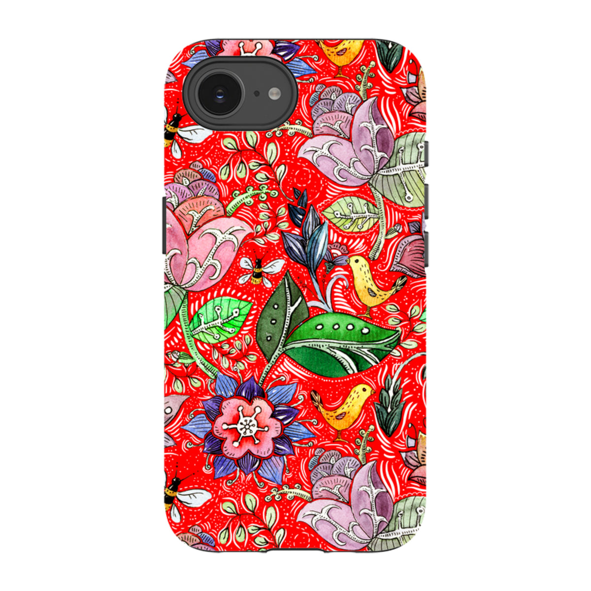 iPhone tough case with vibrant red background, intricate floral patterns, and whimsical bird and bee illustrations.