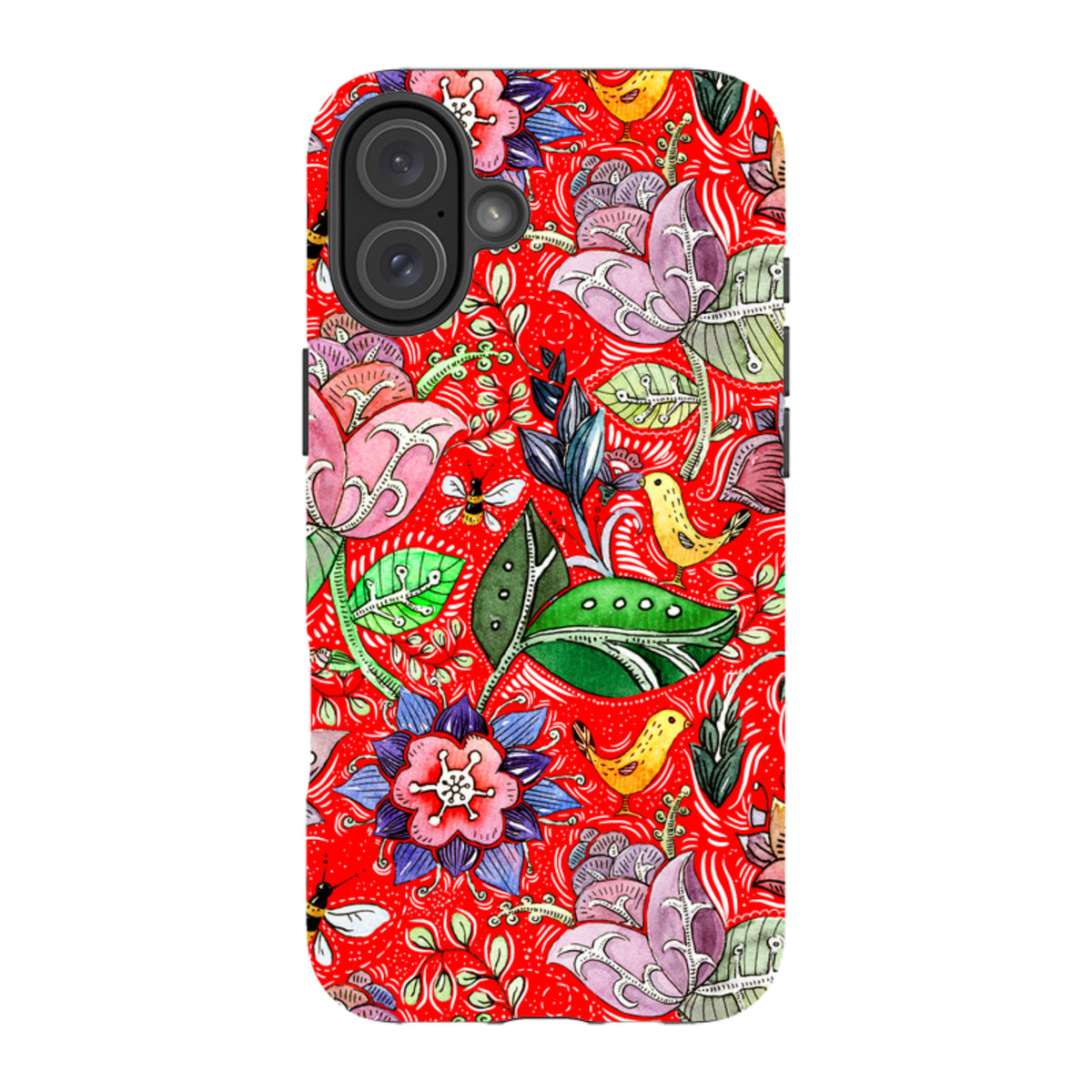 iPhone tough case featuring a vibrant red background with colorful floral, bird, and insect watercolor illustrations.