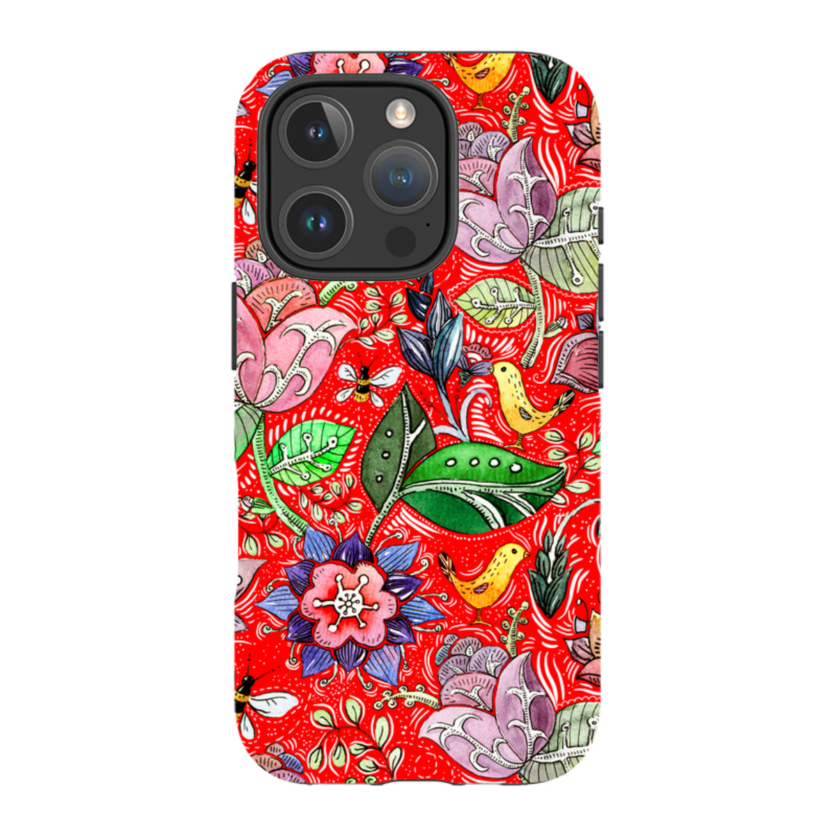 iPhone Tough Case in Beetham print featuring vibrant red background with colorful floral, bird, and bee illustrations.