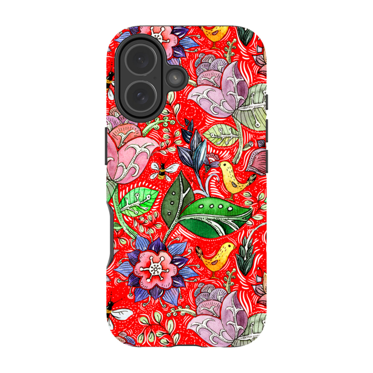 iPhone Tough Case featuring a vibrant red background with colorful floral, bird, and insect watercolor illustrations.