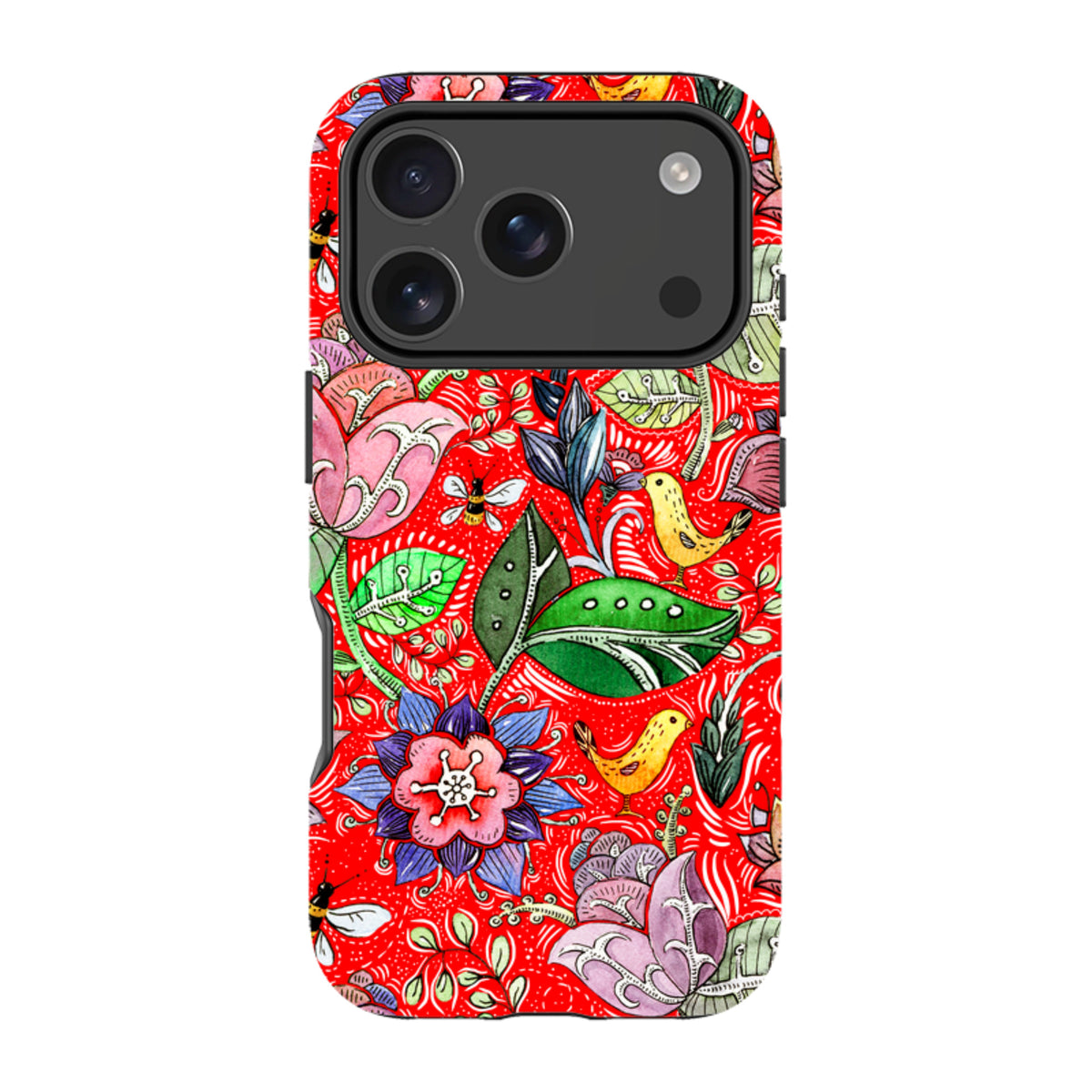 iPhone Tough Case with vibrant red background, floral patterns, and whimsical bird illustrations in a dual-layer design.