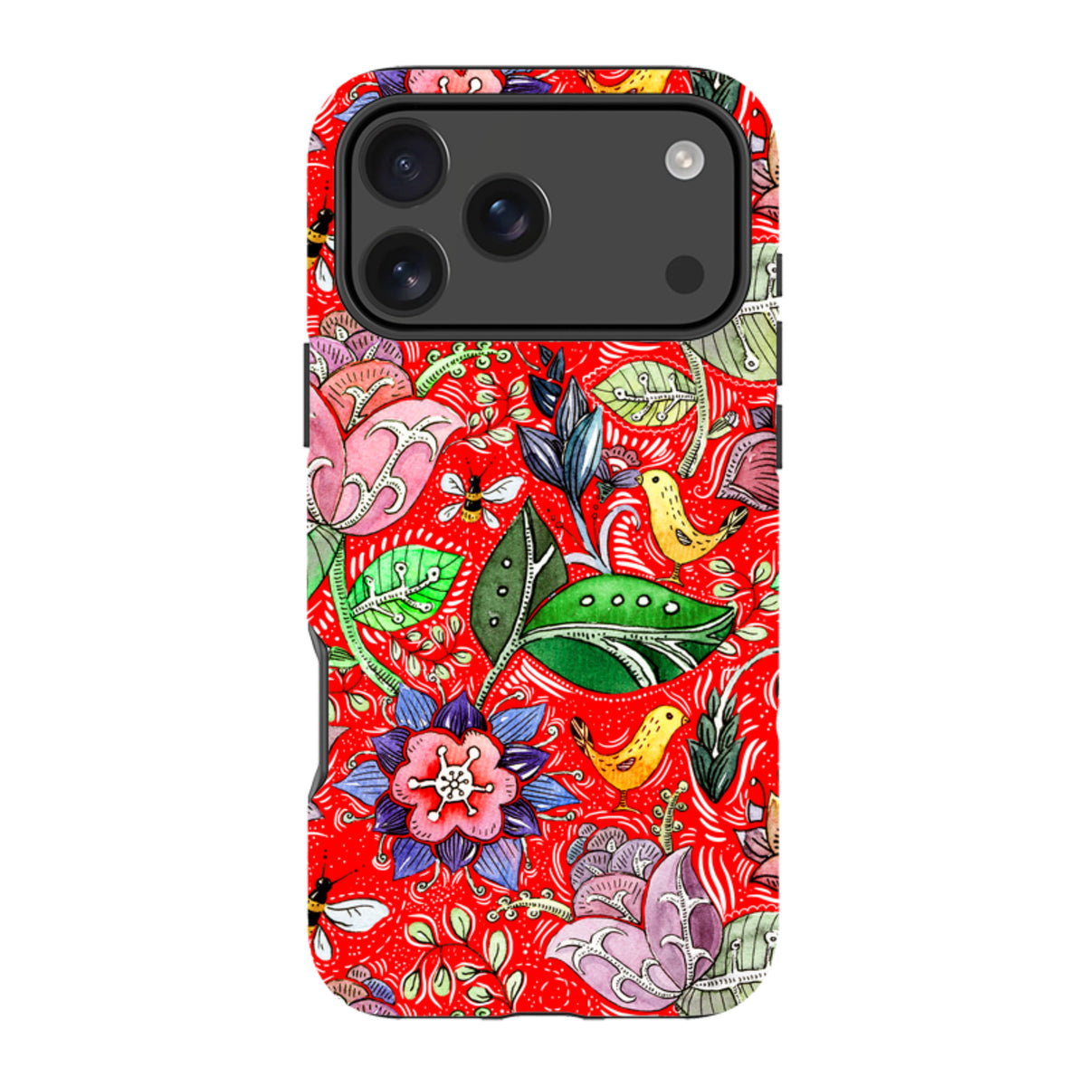 iPhone Tough Case with a vibrant red background featuring colorful floral, leaf, and bird illustrations in a folk-art style.