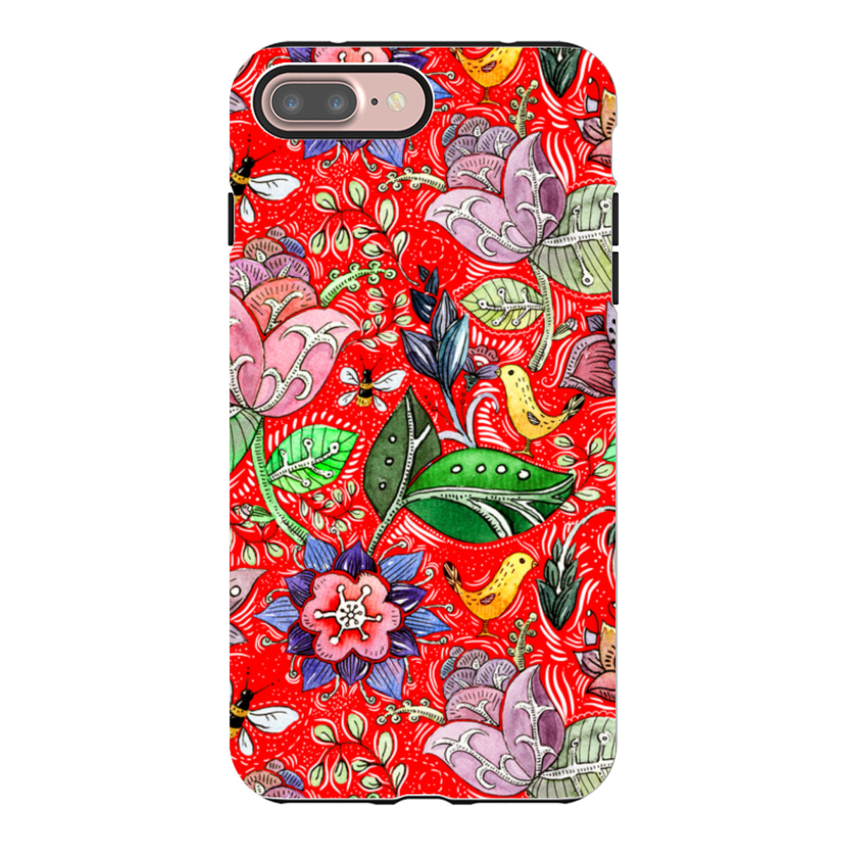 iPhone tough case with a vibrant red background, featuring colorful floral patterns, green leaves, and small yellow birds.
