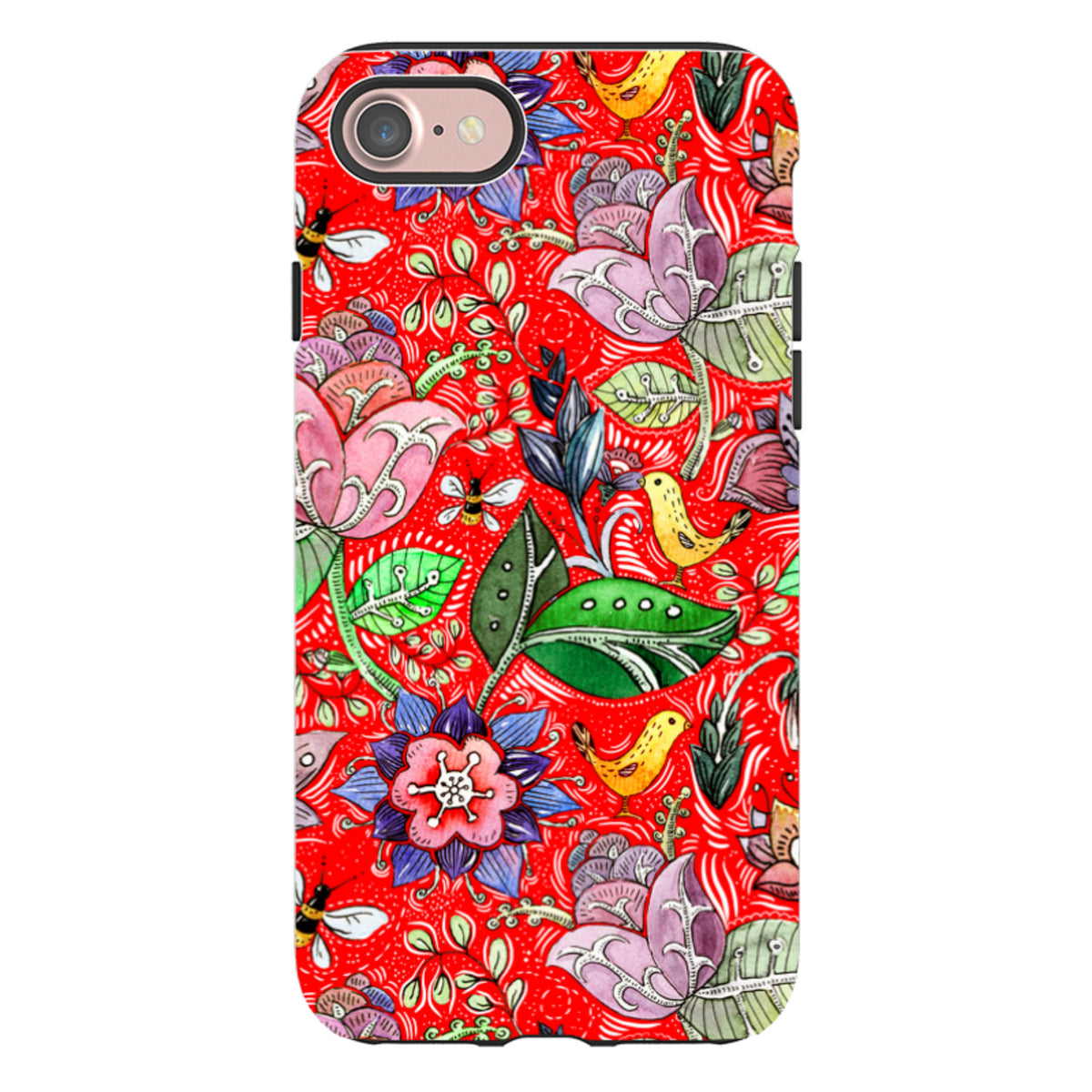 iPhone tough case with a vibrant red background featuring colorful floral, bird, and bee illustrations in a dual-layer design.