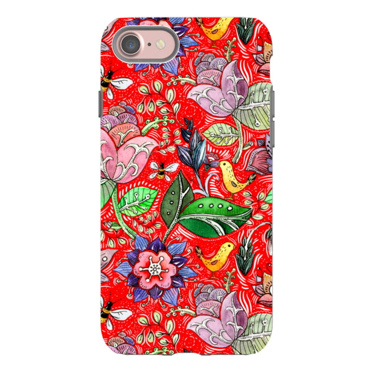 iPhone Tough Case in Beetham print featuring vibrant red background with colorful floral, bird, and bee illustrations.