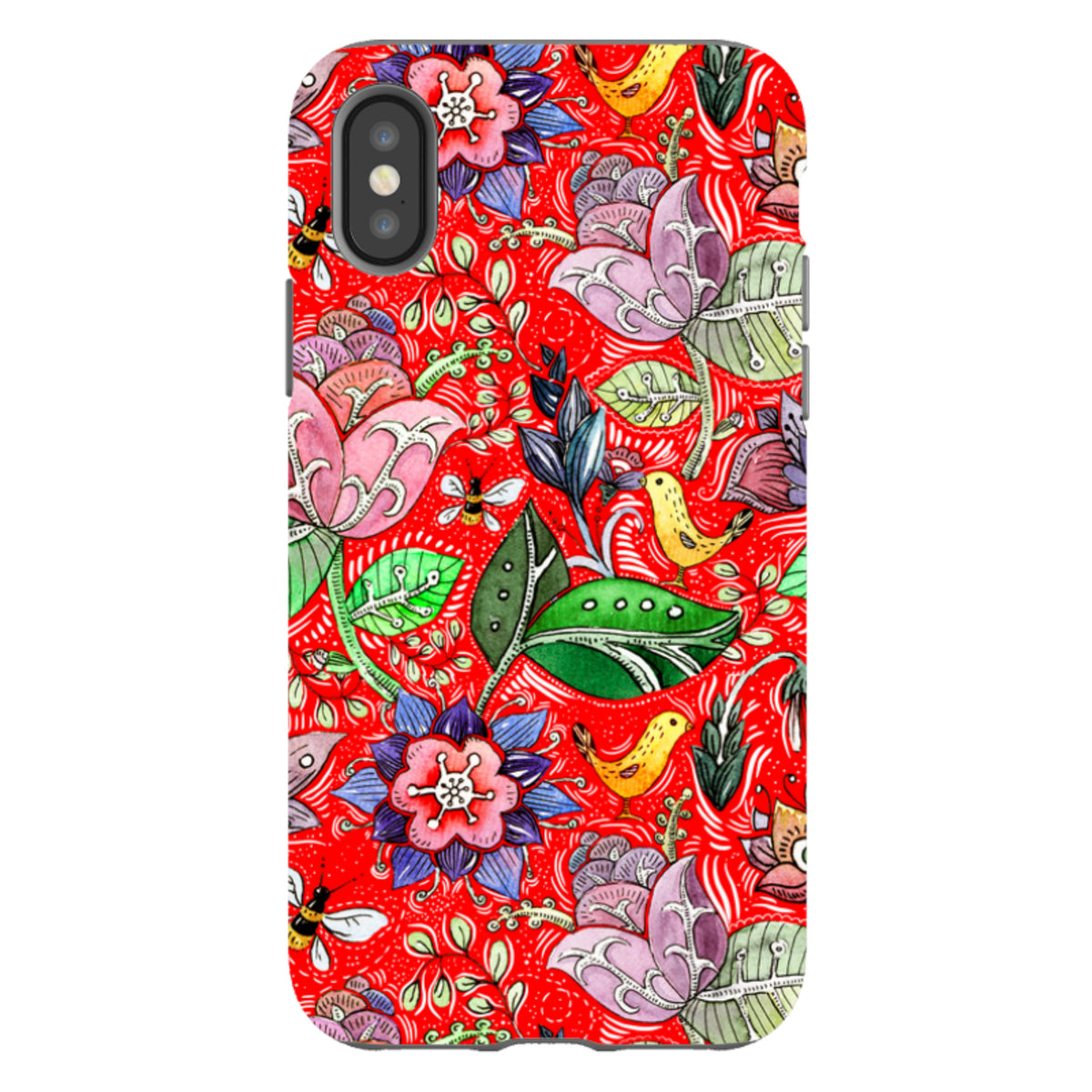 iPhone Tough Case featuring a vibrant red floral and bird pattern with dual-layer protection and precise camera cutouts.