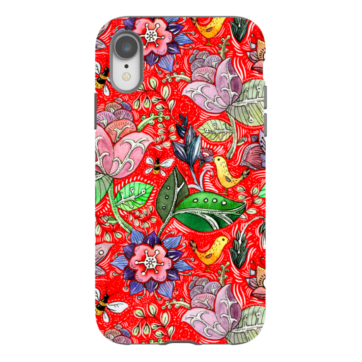 iPhone Tough Case featuring a vibrant red background with colorful floral, bird, and bee illustrations.