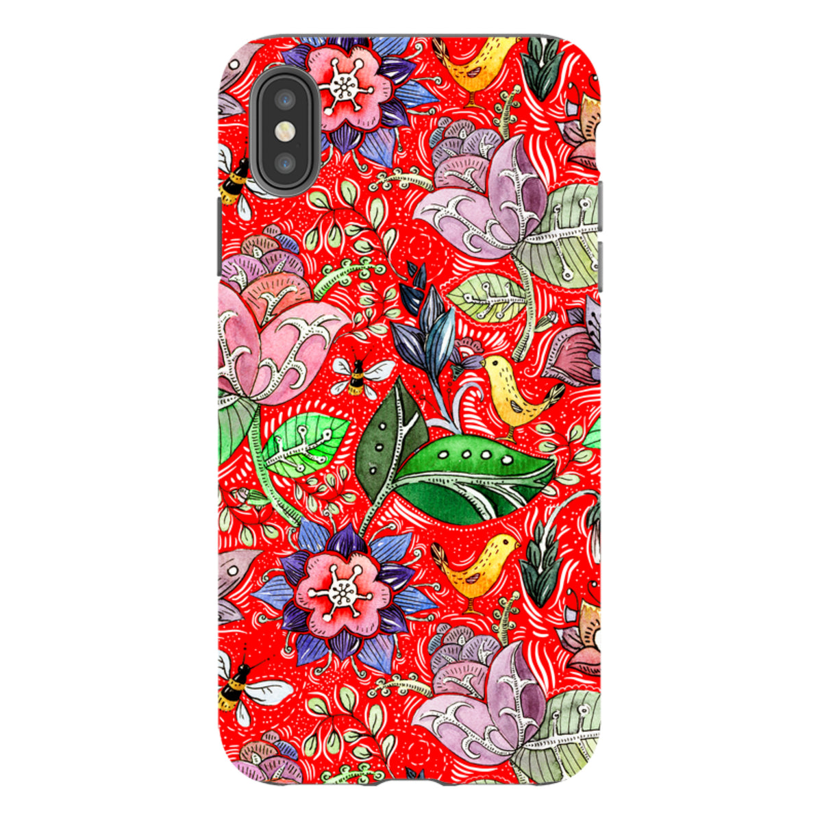 iPhone Tough Case featuring a vibrant red background with colorful floral, bird, and bee illustrations in a folk art style.