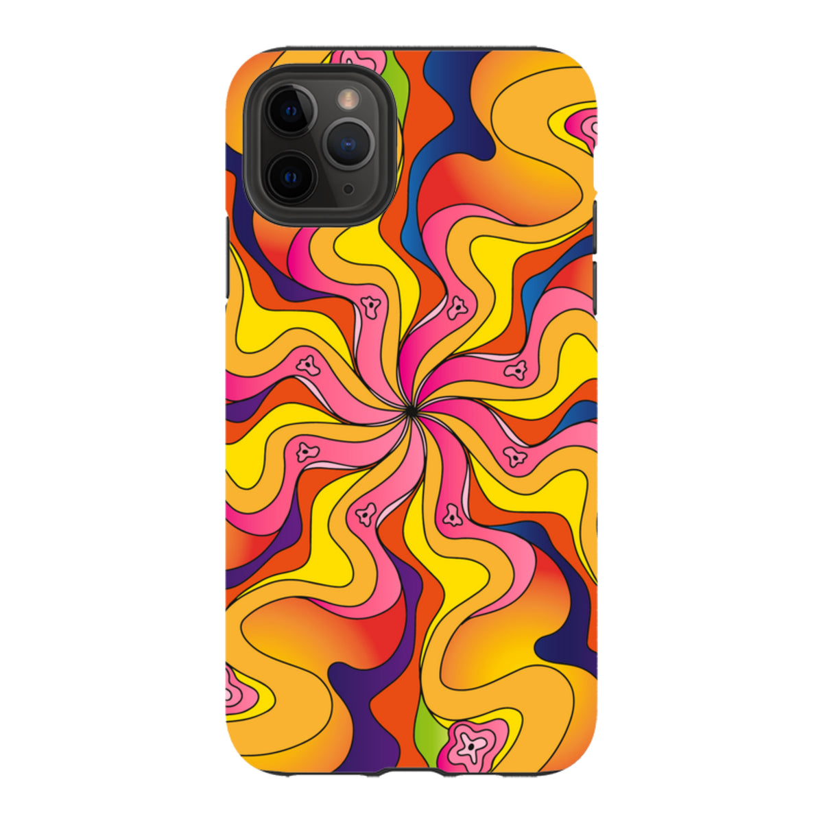 iPhone tough case with a vibrant, psychedelic swirl pattern in yellow, pink, orange, and blue with small bell motifs.