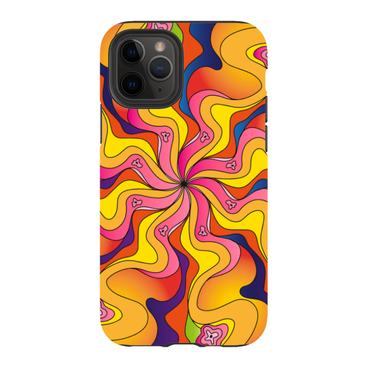 iPhone tough case with a vibrant, psychedelic swirl pattern in yellow, orange, pink, and blue with small bell icons.