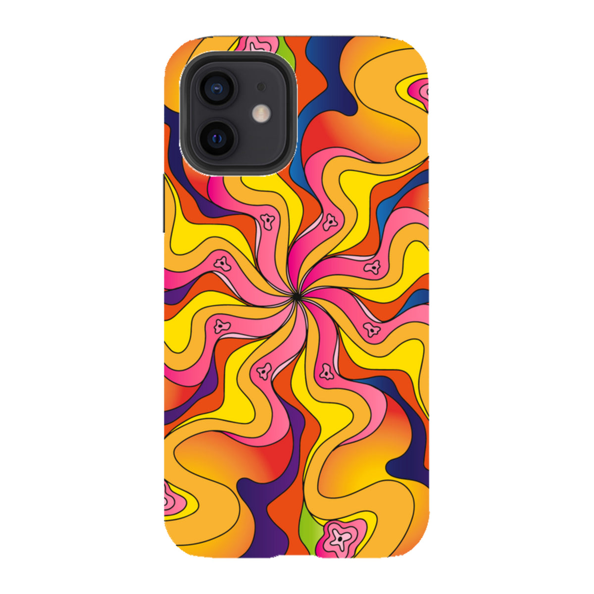 iPhone tough case with a vibrant, psychedelic swirl pattern in yellow, orange, pink, and blue with floral accents.