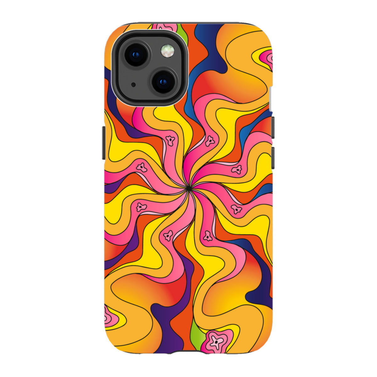 iPhone tough case with a vibrant, psychedelic swirl pattern in orange, yellow, pink, and blue with small flower accents.
