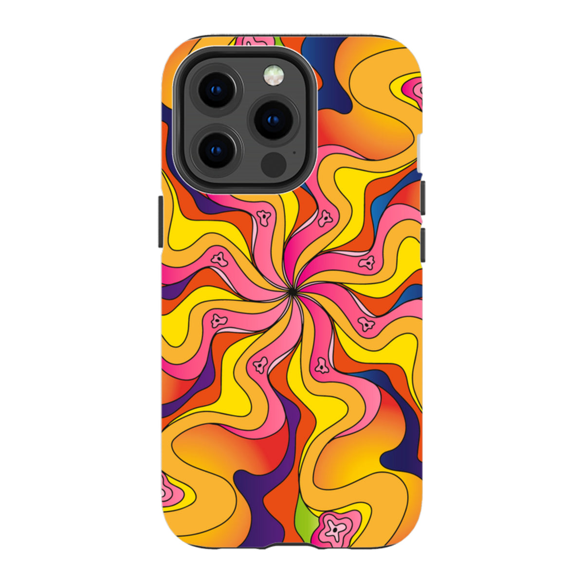 iPhone tough case with a vibrant, psychedelic swirl pattern in orange, yellow, pink, and blue with floral accents.