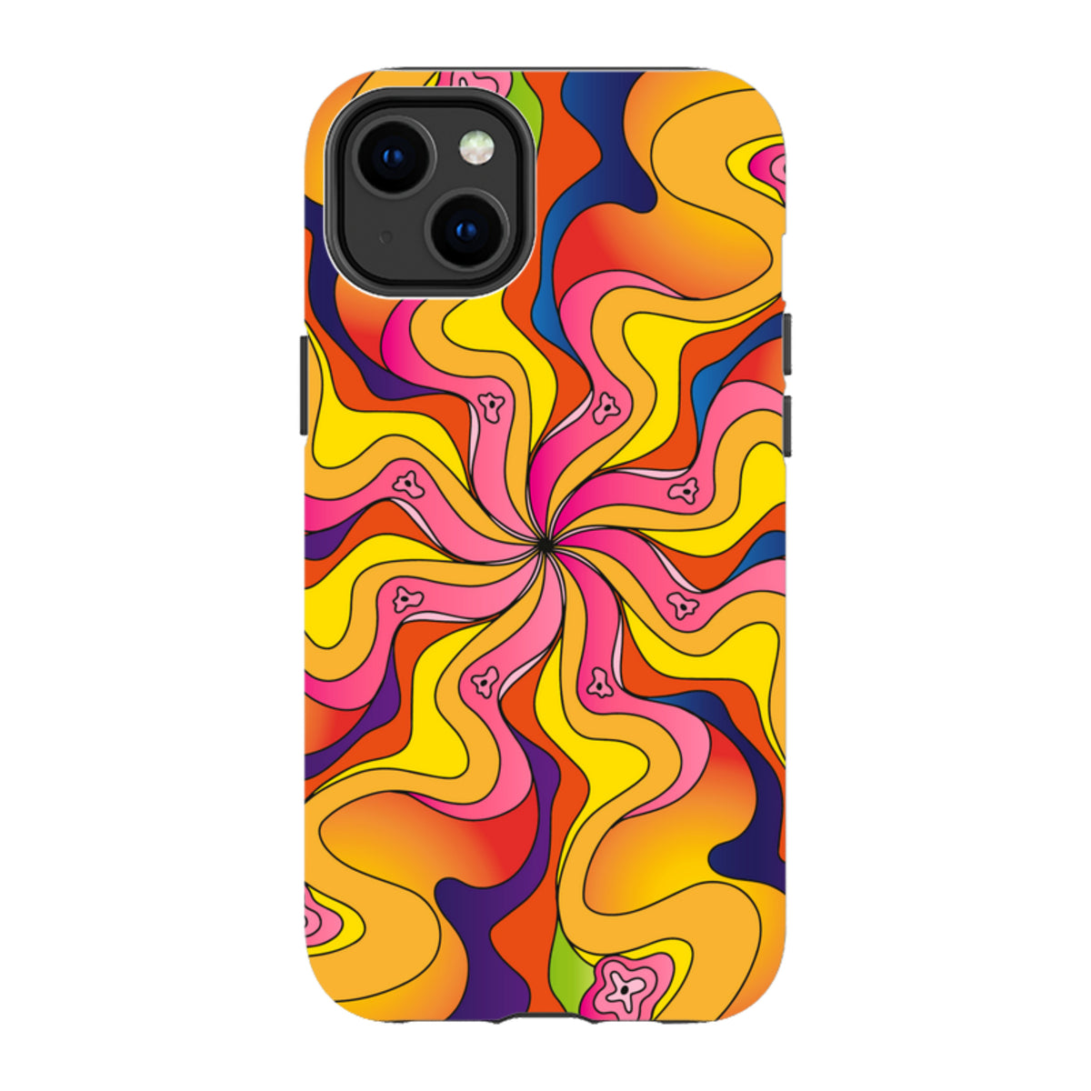 iPhone tough case with a vibrant, psychedelic swirl pattern in yellow, orange, pink, and blue with small bell icons.