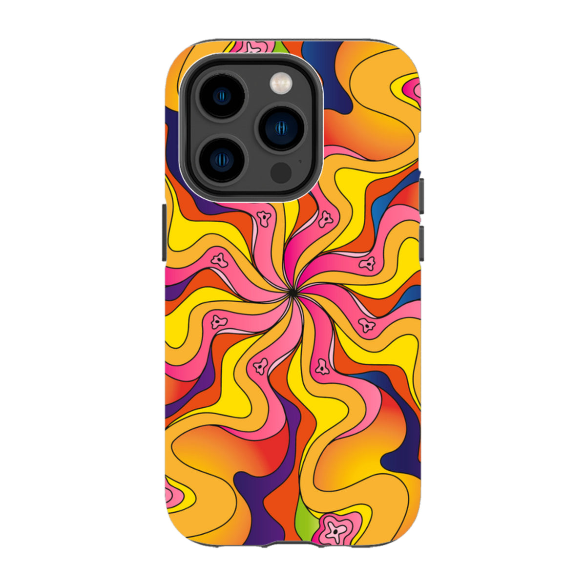 iPhone tough case with a vibrant, psychedelic swirl pattern in yellow, pink, orange, and blue with floral accents.