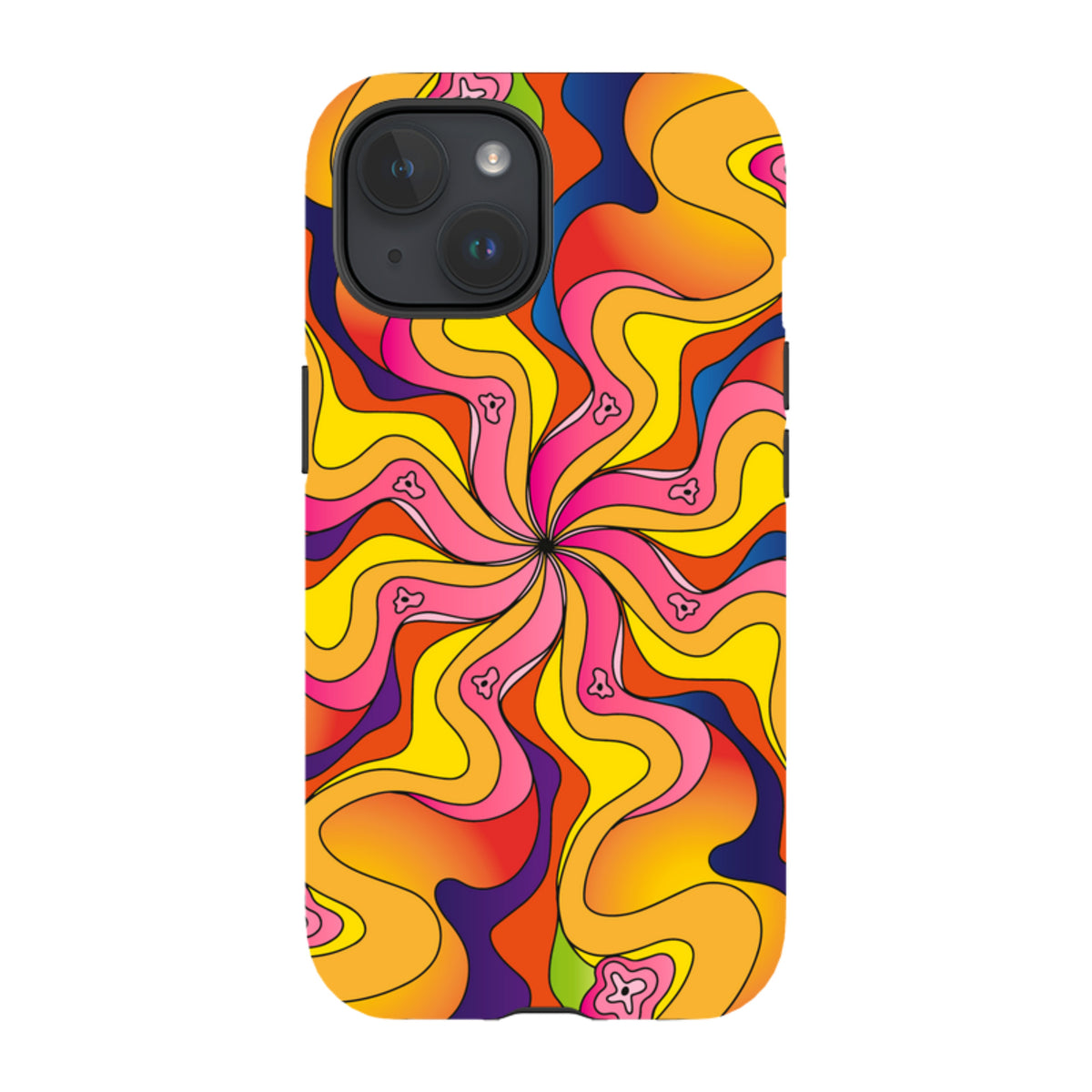 iPhone tough case with a vibrant, psychedelic swirl pattern in yellow, pink, orange, and blue with small bell accents.