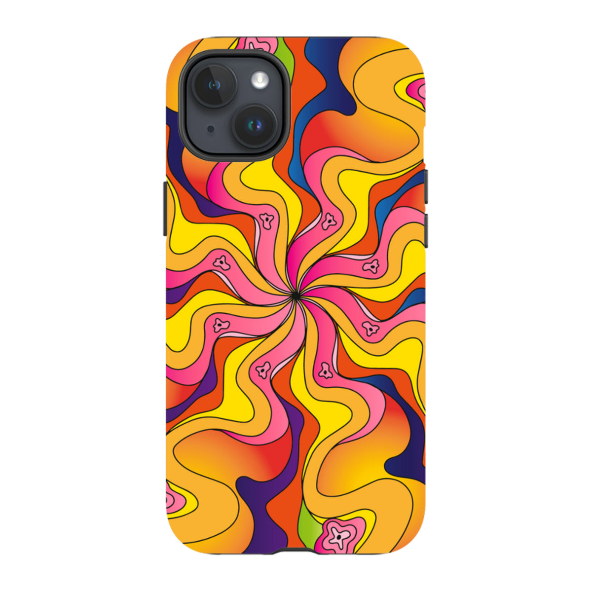 iPhone tough case with a vibrant, psychedelic swirl pattern in yellow, orange, pink, and blue with small flower accents.