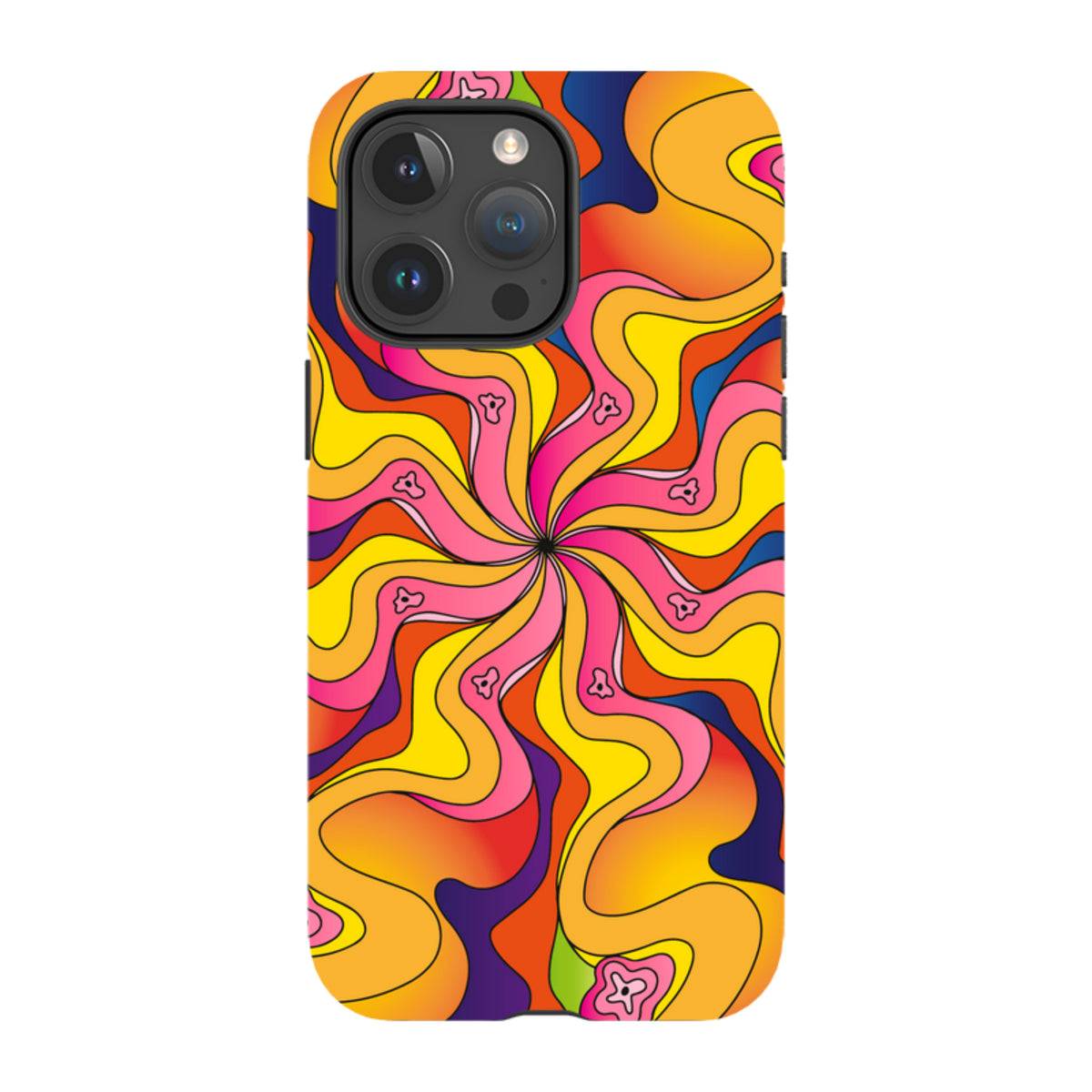 iPhone tough case with a vibrant, psychedelic swirl pattern in yellow, pink, orange, and blue with small bell motifs.