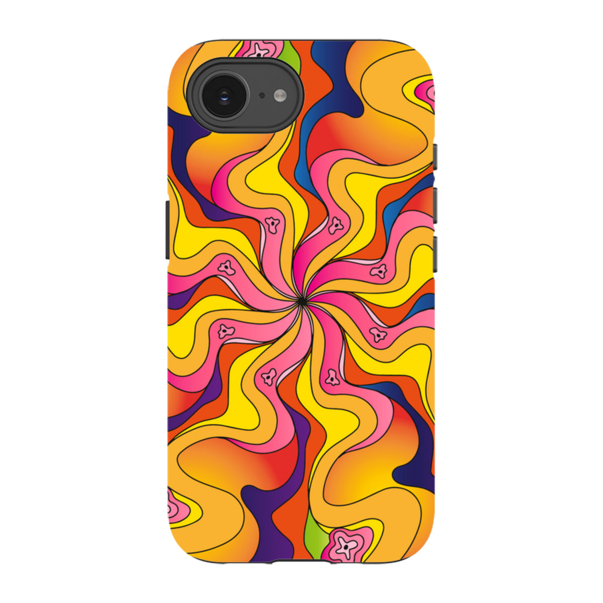 iPhone tough case with a vibrant, psychedelic swirl pattern in yellow, orange, pink, and blue with small bell motifs.