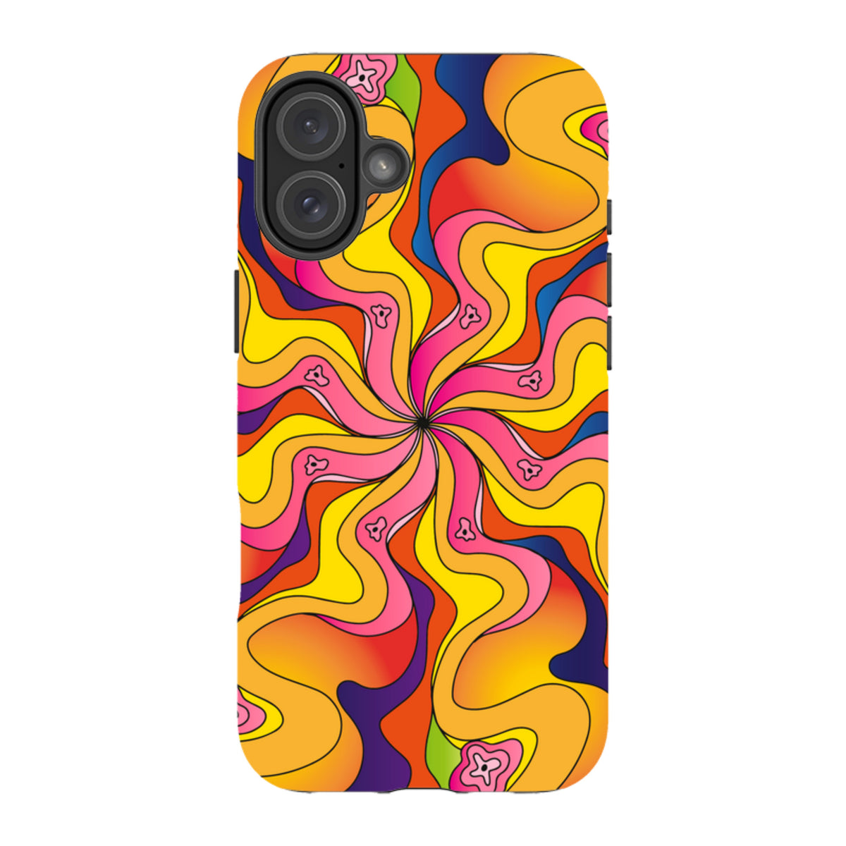 iPhone tough case with a vibrant, psychedelic swirl pattern in yellow, orange, pink, and blue with small bell icons.