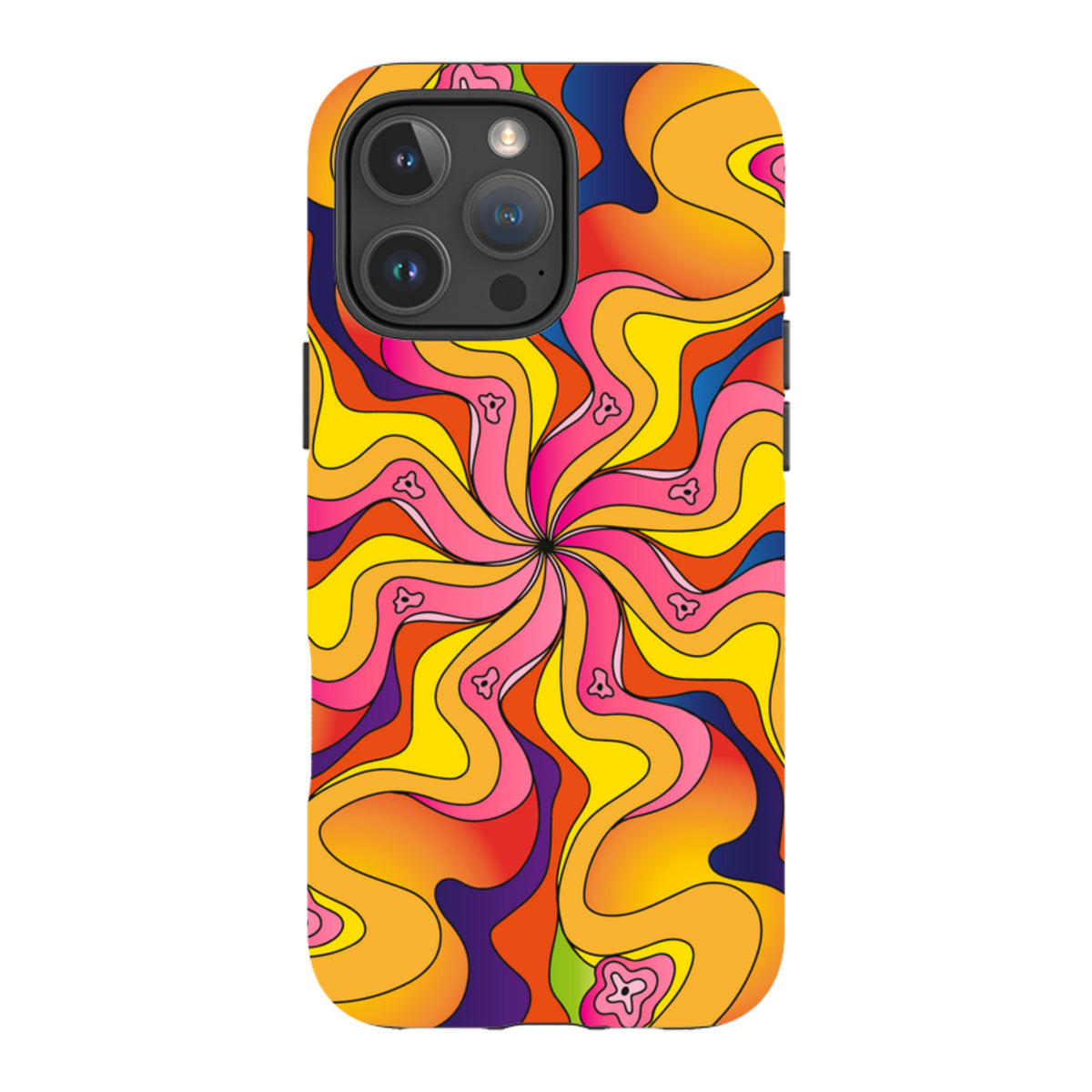 iPhone tough case with a vibrant, psychedelic swirl pattern in yellow, orange, pink, and blue with floral accents.