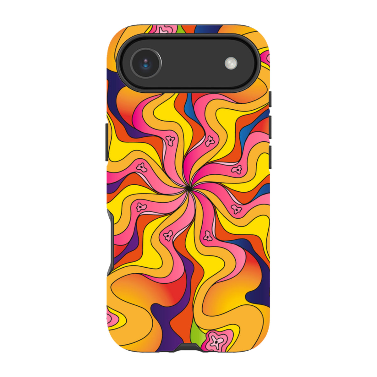 iPhone tough case with a vibrant, swirling psychedelic bell pattern in yellow, pink, orange, and blue on a dual-layer shell.