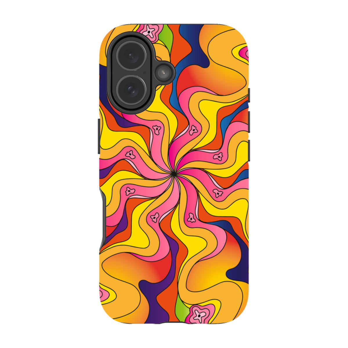 iPhone tough case with a vibrant, swirling psychedelic pattern in yellow, pink, orange, and blue with floral accents.