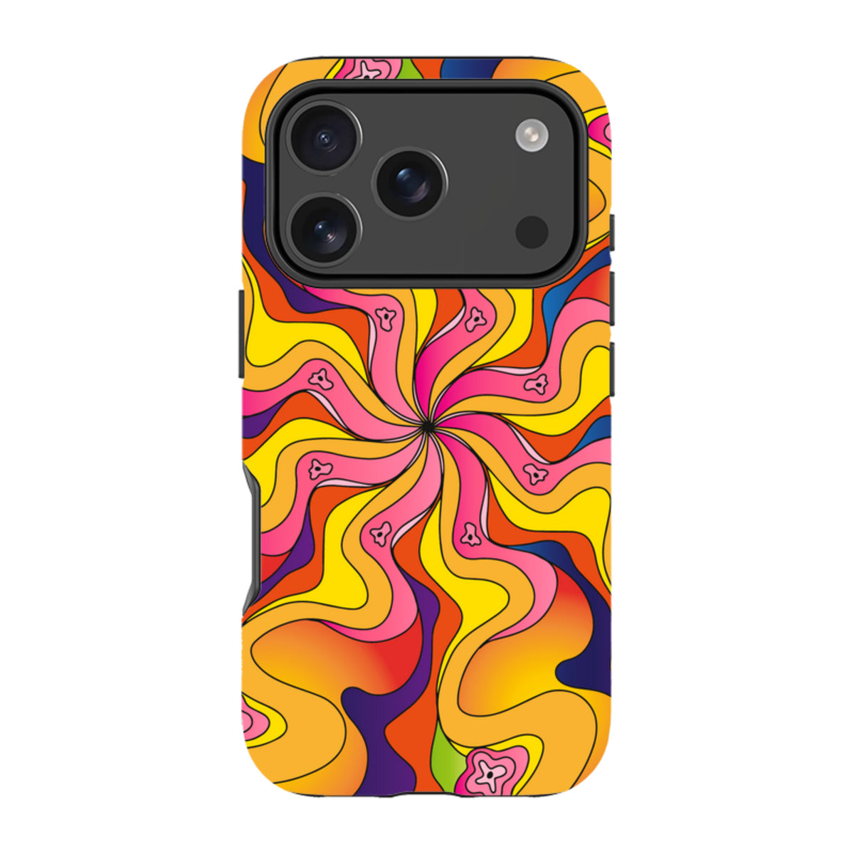 iPhone tough case with a vibrant, psychedelic swirl pattern in yellow, pink, and orange with small bell illustrations.