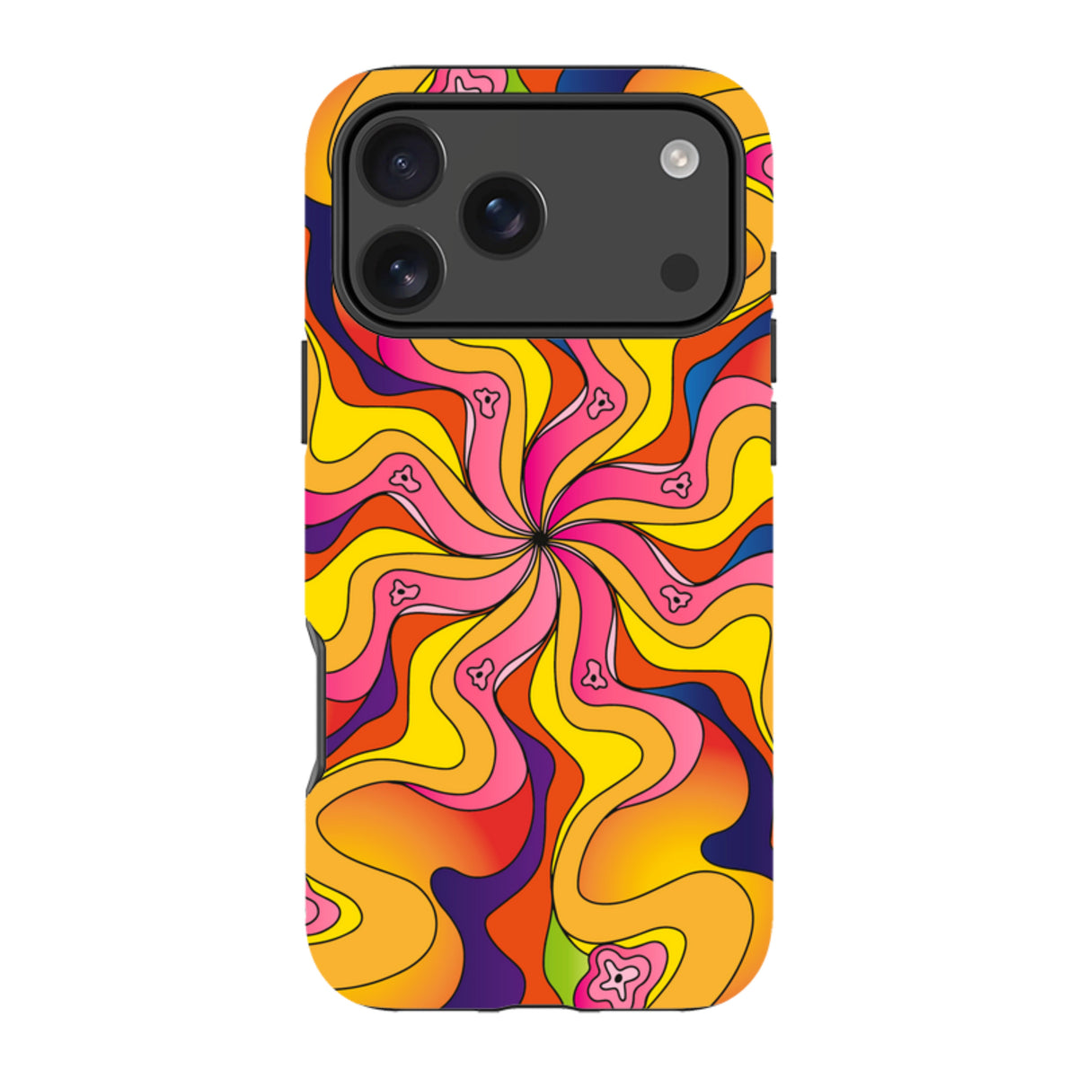 iPhone tough case with a vibrant, psychedelic swirl pattern in yellow, orange, pink, and purple with bell flower accents.