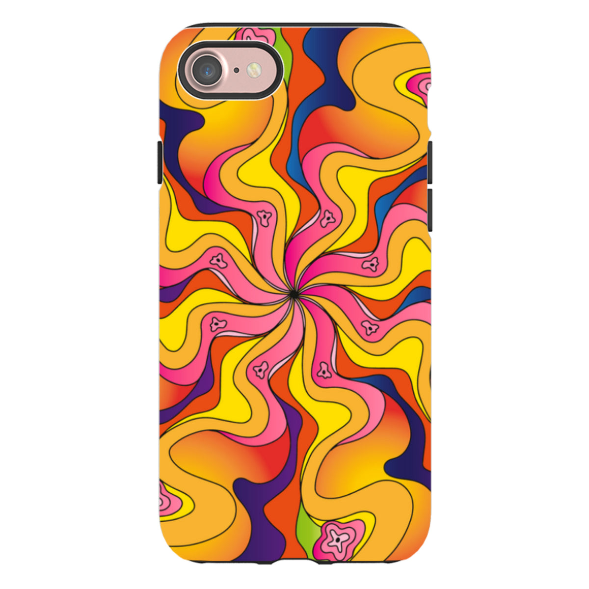 iPhone tough case with a vibrant, psychedelic wavy pattern in yellow, orange, pink, and blue with small flower accents.