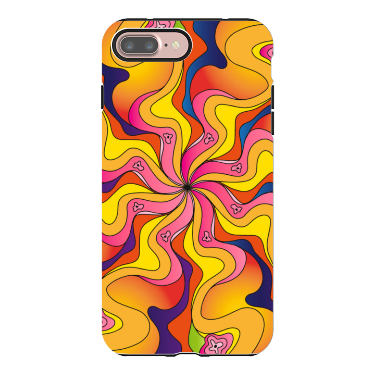 iPhone tough case with a vibrant, psychedelic wavy pattern in yellow, orange, pink, and blue with small bell icons.